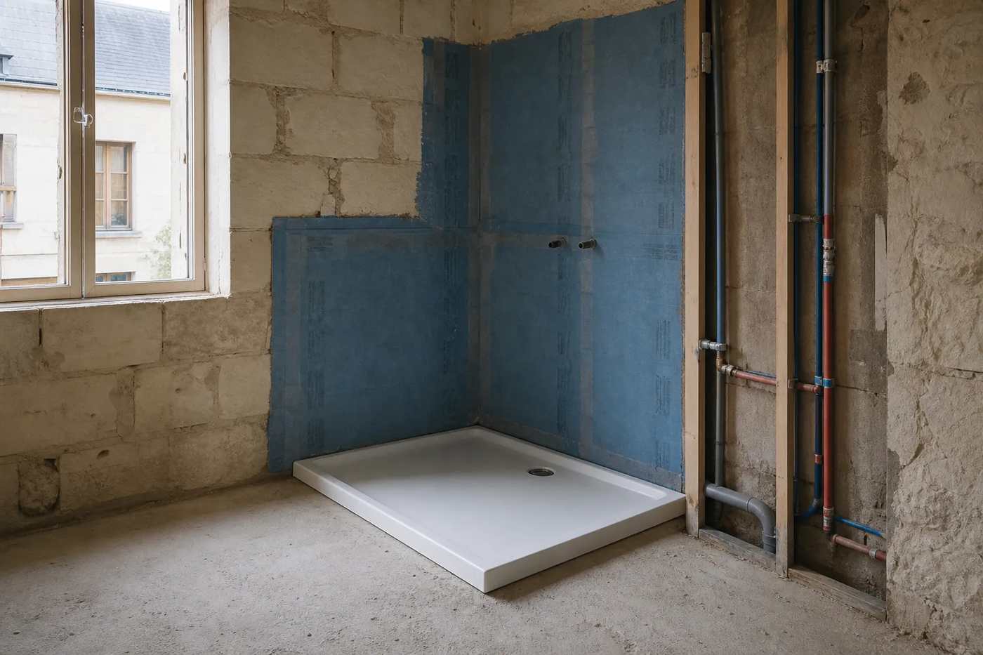Salle de bain en cours de rénovation, receveur de douche et réseaux apparents