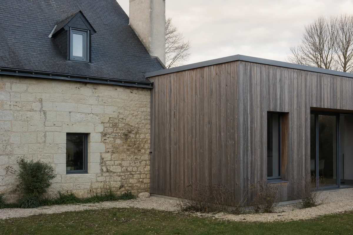 Extension contemporaine que nous avons greffée sur une maison ancienne en pierre, Mayenne