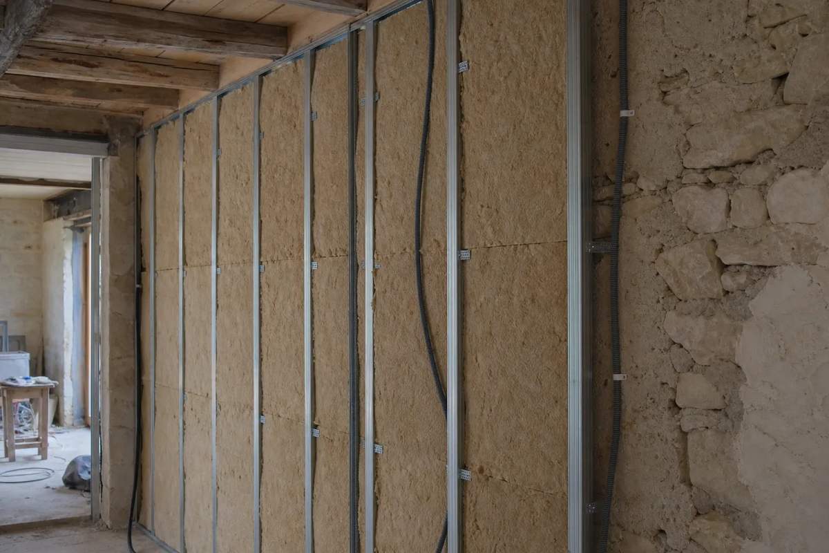 Mur intérieur en cours de doublage : ossature métallique, isolant semi-rigide entre montants, moellon encore visible