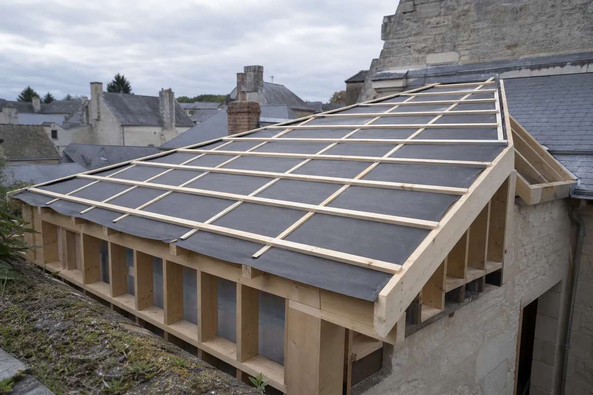 Charpente d’extension neuve : solivage apparent et pare-pluie posé