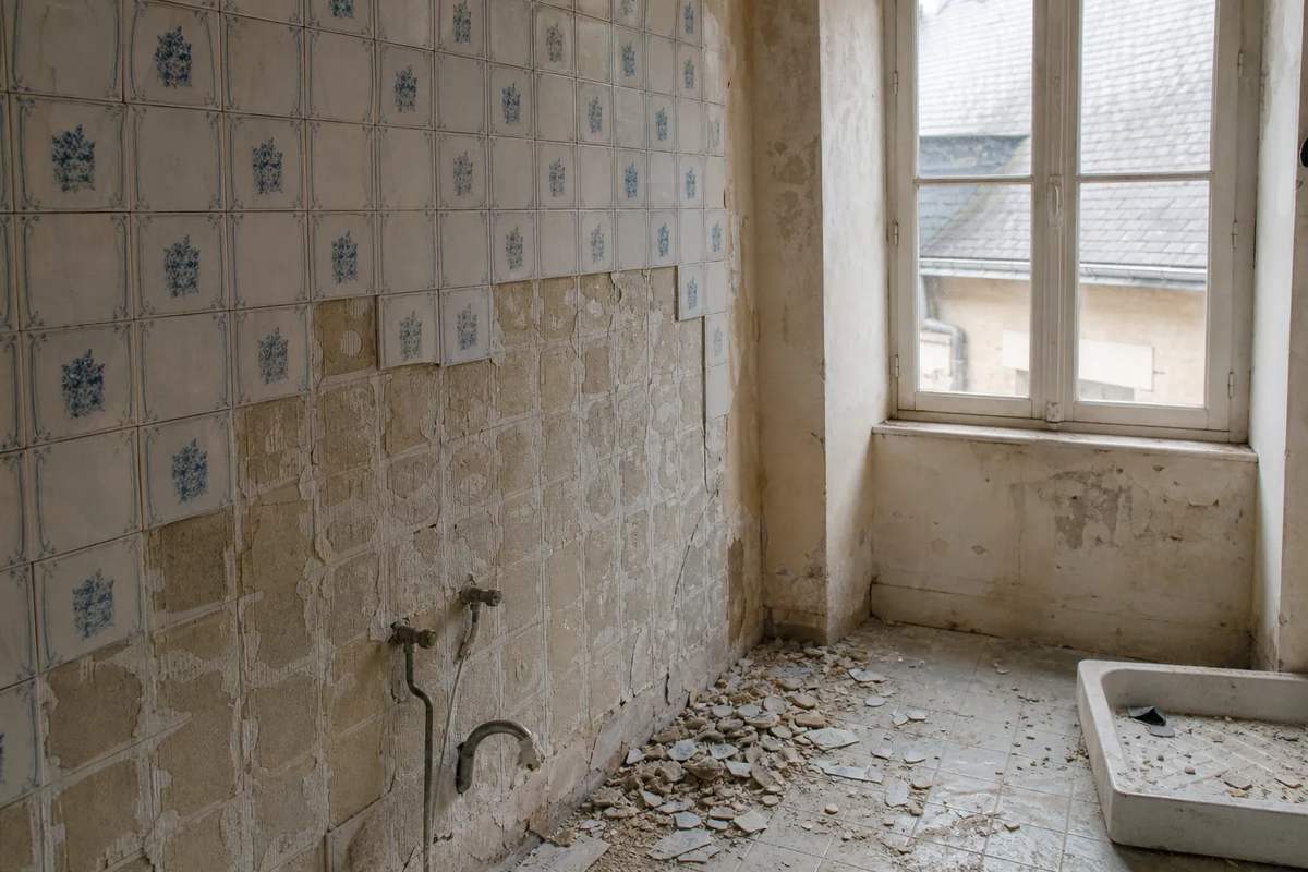 Salle de bain d’origine des années 1990 en cours de dépose, carrelage ancien partiellement retiré